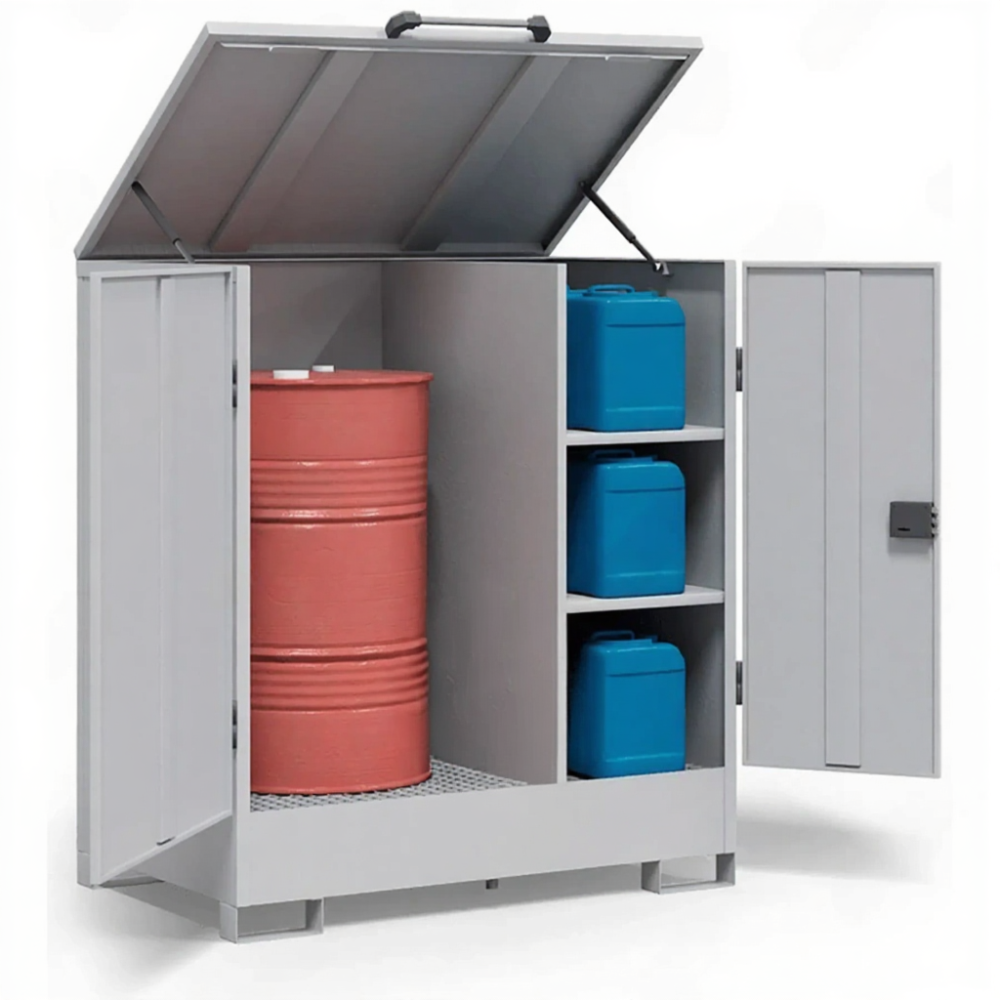 Шкаф комбинированный для бочки и канистр ШБП-01, оцинкованный настил, сточный поддон