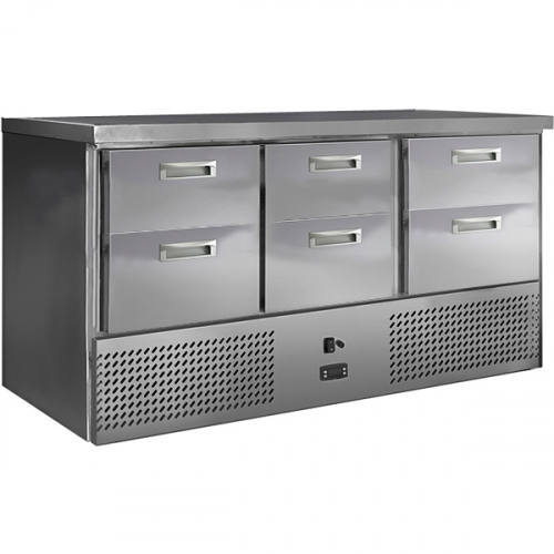 Среднетемпературный холодильный стол для салатов СХСнс - 700 - 0/6, 6 ящиков, борт h 45, 1485х700х850